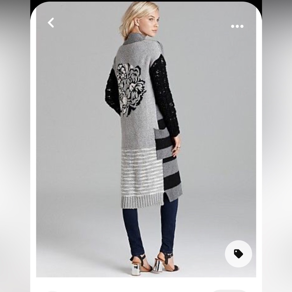 Free People Gray and Black Long Open Cardigan with Floral Motif